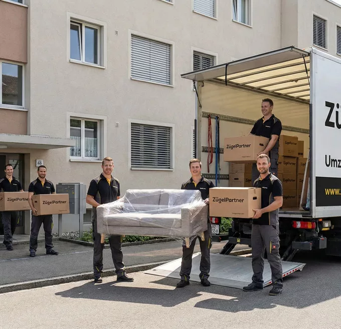 Ein freundliches Team des Umzugsunternehmens Uster trägt sorgfältig verpackte Möbelkartons aus einem Wohnhaus