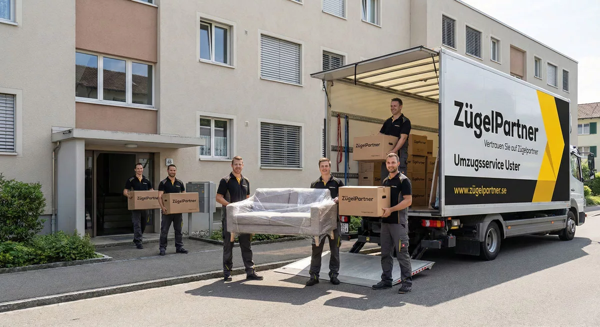 Ein freundliches Team des Umzugsunternehmens Uster trägt sorgfältig verpackte Möbelkartons aus einem Wohnhaus Ein freundliches Team des Umzugsunternehmens Uster trägt sorgfältig verpackte Möbelkartons aus einem Wohnhaus
