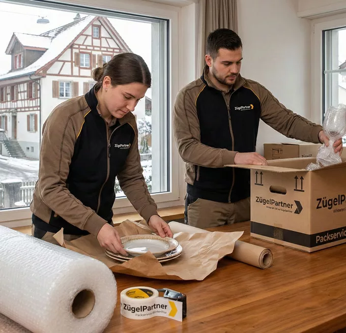 Mitarbeiter beim sorgfältigen Einpacken von Geschirr