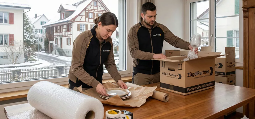 Mitarbeiter beim sorgfältigen Einpacken von Geschirr Mitarbeiter beim sorgfältigen Einpacken von Geschirr