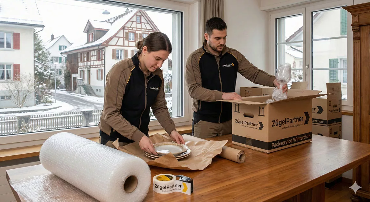 Mitarbeiter beim sorgfältigen Einpacken von Geschirr – Packservice Winterthur Mitarbeiter beim sorgfältigen Einpacken von Geschirr – Packservice Winterthur
