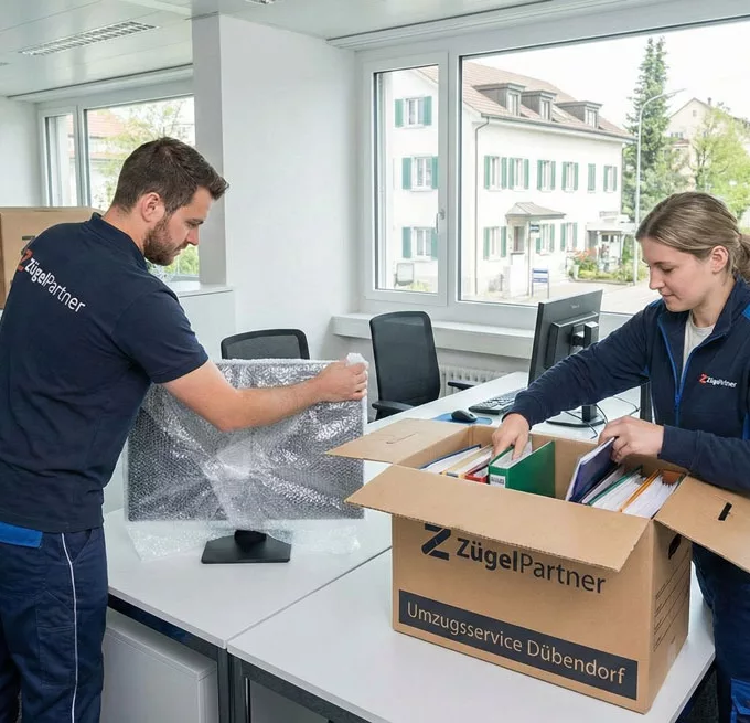 Mitarbeiter von ZuegelPartner verpacken Büromaterial in Dübendorf mit Umzugsservice Dübendorf Bezug
