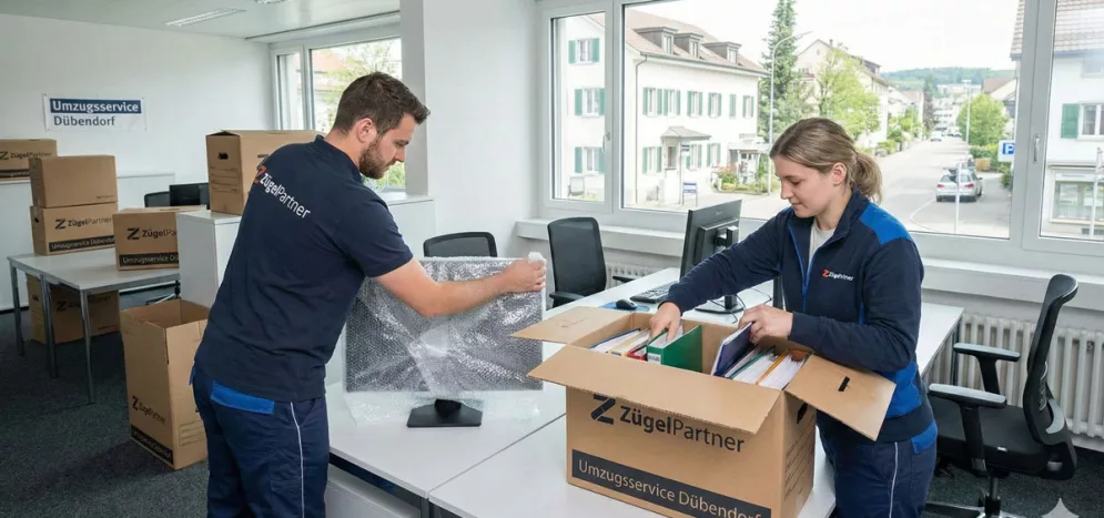Mitarbeiter von ZuegelPartner verpacken Büromaterial in Dübendorf mit Umzugsservice Dübendorf Bezug Mitarbeiter von ZuegelPartner verpacken Büromaterial in Dübendorf mit Umzugsservice Dübendorf Bezug