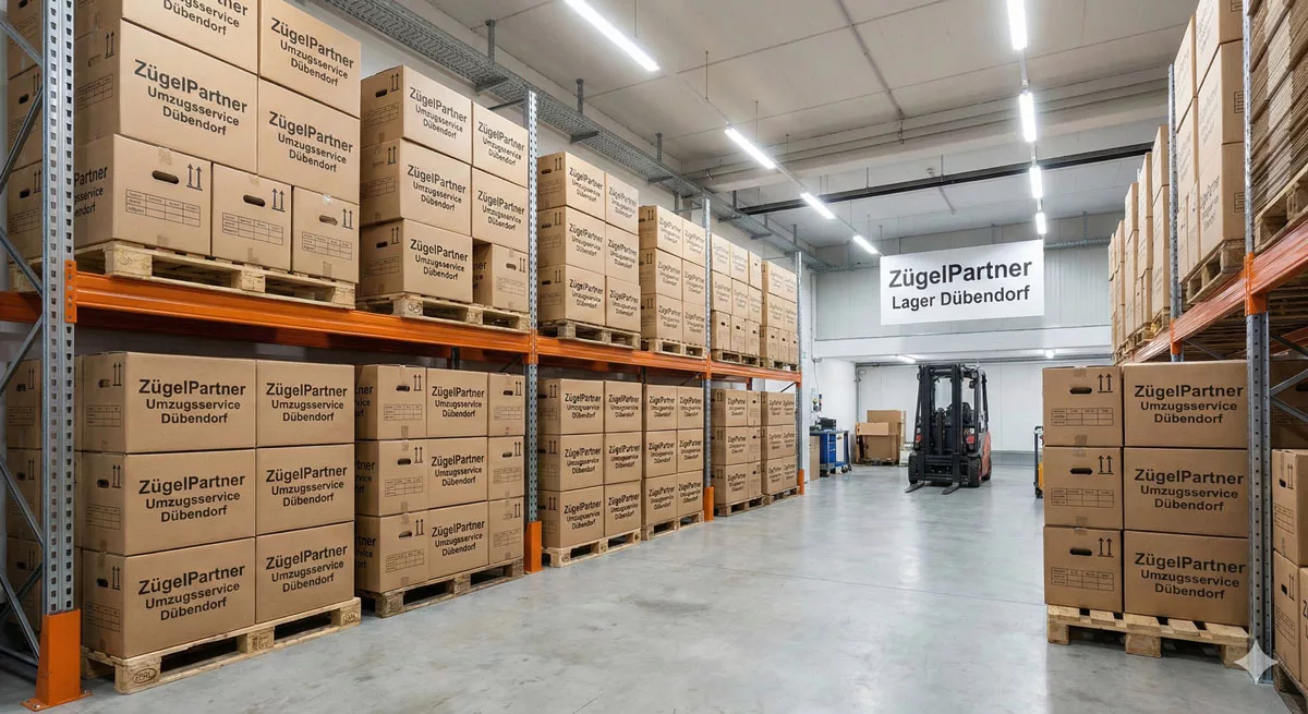 Ordentlich gestapelte Umzugskartons in einem Lagerhaus von ZuegelPartner in Dübendorf Ordentlich gestapelte Umzugskartons in einem Lagerhaus von ZuegelPartner in Dübendorf