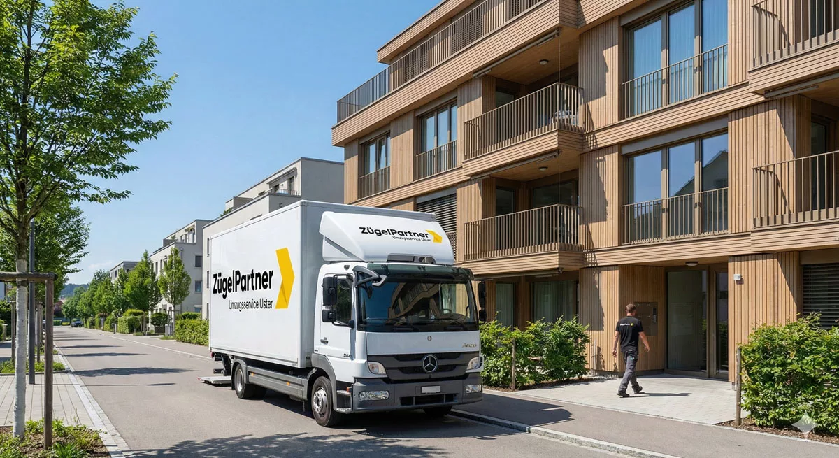 Umzugsfirma Uster ZuegelPartner Lastwagen vor Wohnhaus in Uster Umzugsfirma Uster ZuegelPartner Lastwagen vor Wohnhaus in Uster