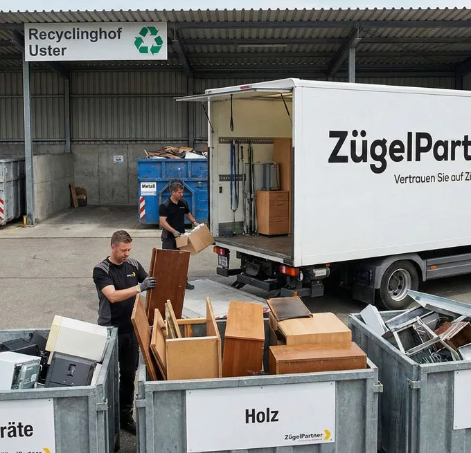 Umzugswagen des Umzugsunternehmens Uster steht vor einem Recyclinghof, Mitarbeiter trennen fachgerecht Möbel und Elektrogeräte