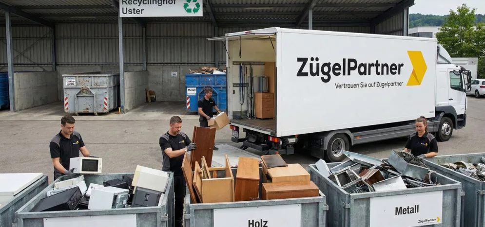 Umzugswagen des Umzugsunternehmens Uster steht vor einem Recyclinghof, Mitarbeiter trennen fachgerecht Möbel und Elektrogeräte