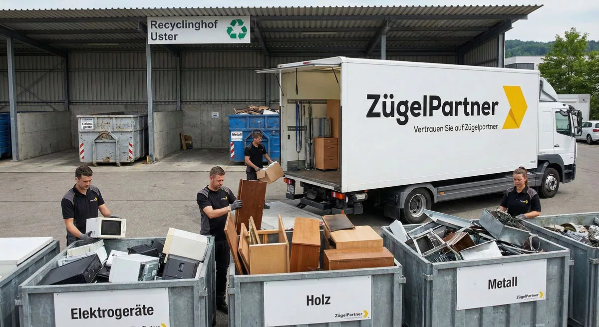 Umzugswagen des Umzugsunternehmens Uster steht vor einem Recyclinghof, Mitarbeiter trennen fachgerecht Möbel und Elektrogeräte Umzugswagen des Umzugsunternehmens Uster steht vor einem Recyclinghof, Mitarbeiter trennen fachgerecht Möbel und Elektrogeräte
