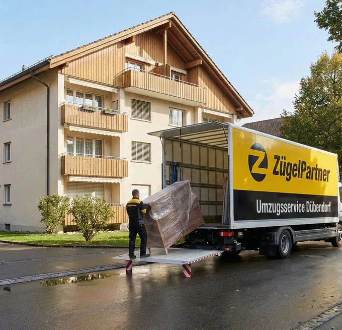 Umzugswagen von ZuegelPartner vor typischem Dübendorfer Wohnhaus mit Umzugsservice Dübendorf Keyword