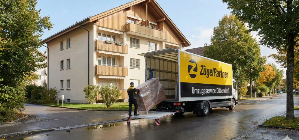 Umzugswagen von ZuegelPartner vor typischem Dübendorfer Wohnhaus mit Umzugsservice Dübendorf Keyword Umzugswagen von ZuegelPartner vor typischem Dübendorfer Wohnhaus mit Umzugsservice Dübendorf Keyword