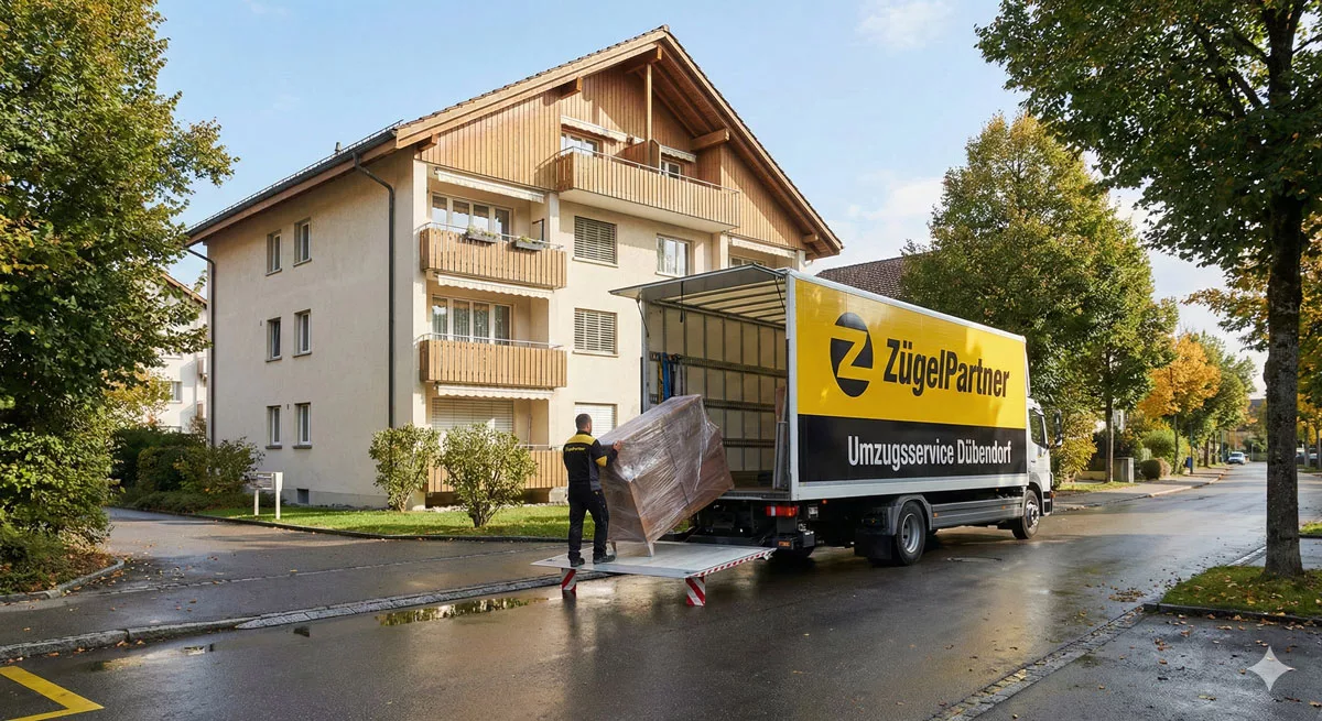 Umzugswagen von ZuegelPartner vor typischem Dübendorfer Wohnhaus mit Umzugsservice Dübendorf Keyword Umzugswagen von ZuegelPartner vor typischem Dübendorfer Wohnhaus mit Umzugsservice Dübendorf Keyword