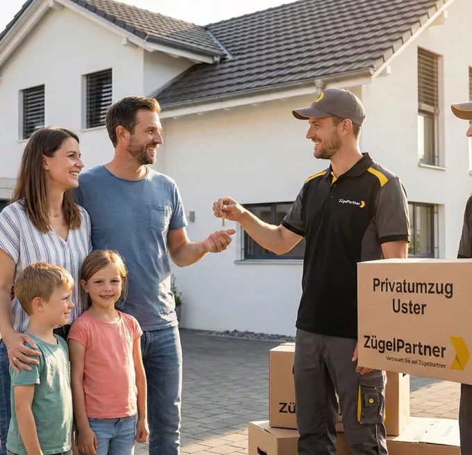 Zufriedene Familie beim Privatumzug in Uster mit ZuegelPartner Mitarbeitern