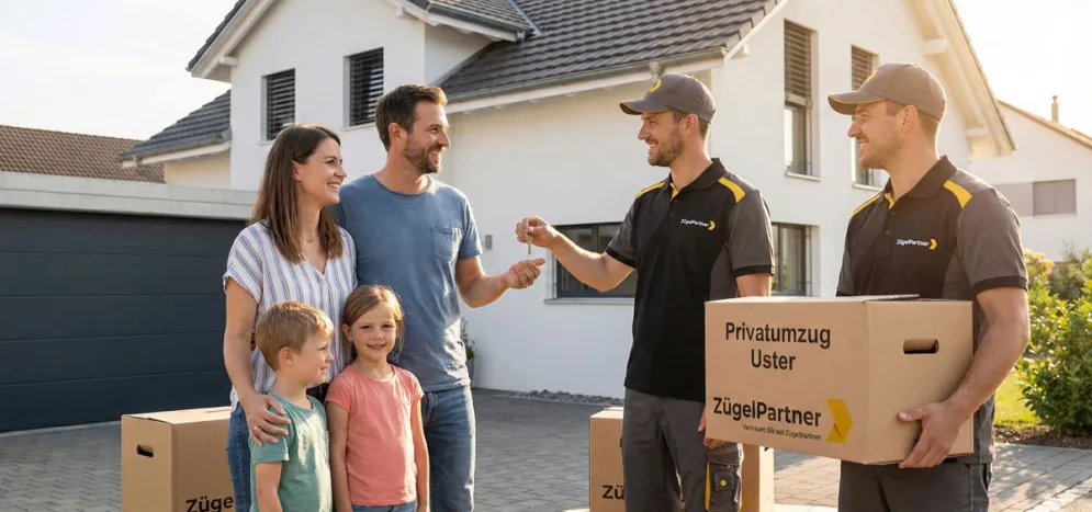 Zufriedene Familie beim Privatumzug in Uster mit ZuegelPartner Mitarbeitern