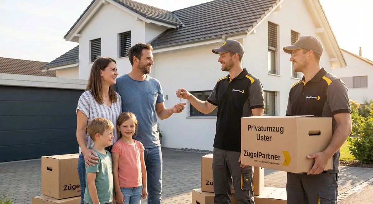 Zufriedene Familie beim Privatumzug in Uster mit ZuegelPartner Mitarbeitern Zufriedene Familie beim Privatumzug in Uster mit ZuegelPartner Mitarbeitern