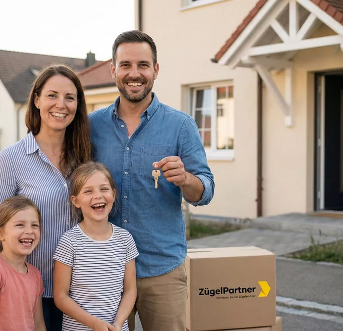 Zufriedene Familie vor ihrem neuen Zuhause in Winterthur nach erfolgreichem Umzug