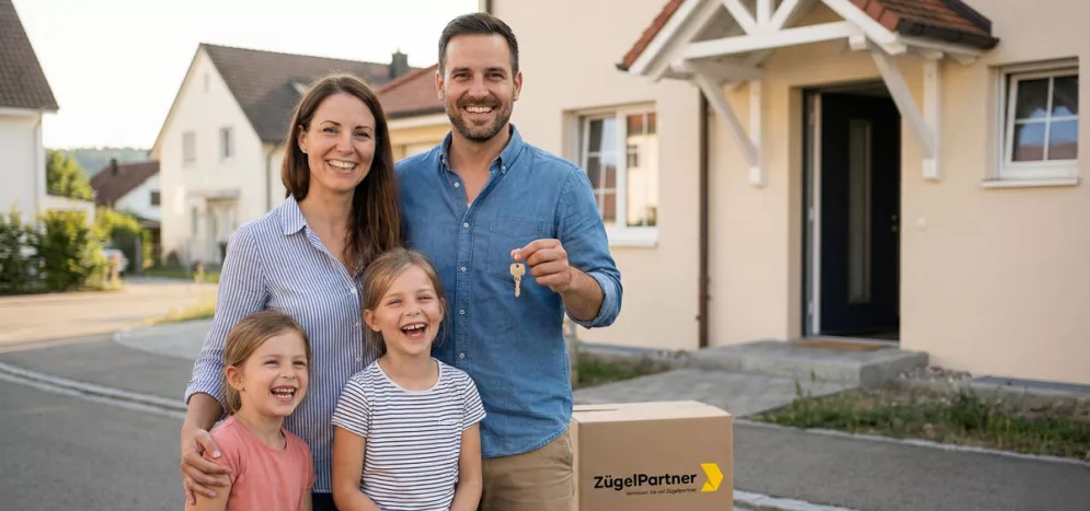 Zufriedene Familie vor ihrem neuen Zuhause in Winterthur nach erfolgreichem Umzug Zufriedene Familie vor ihrem neuen Zuhause in Winterthur nach erfolgreichem Umzug