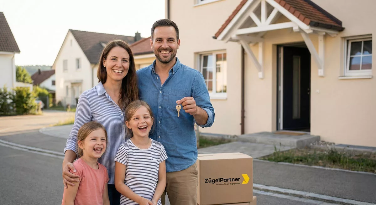 Zufriedene Familie vor ihrem neuen Zuhause in Winterthur nach erfolgreichem Umzug Zufriedene Familie vor ihrem neuen Zuhause in Winterthur nach erfolgreichem Umzug