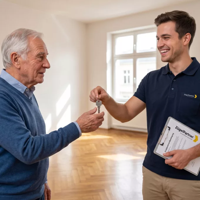 Ein Mitarbeiter übergibt strahlend den Schlüssel zur fertig geputzten, blitzblanken alten Wohnung an einen erleichterten Senior