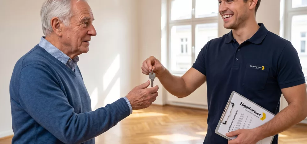 Ein Mitarbeiter übergibt strahlend den Schlüssel zur fertig geputzten, blitzblanken alten Wohnung an einen erleichterten Senior Ein Mitarbeiter übergibt strahlend den Schlüssel zur fertig geputzten, blitzblanken alten Wohnung an einen erleichterten Senior