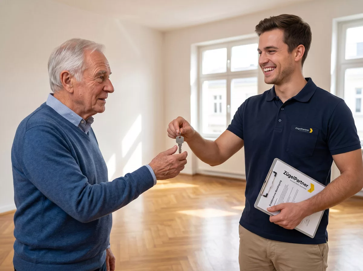 Ein Mitarbeiter übergibt strahlend den Schlüssel zur fertig geputzten, blitzblanken alten Wohnung an einen erleichterten Senior Ein Mitarbeiter übergibt strahlend den Schlüssel zur fertig geputzten, blitzblanken alten Wohnung an einen erleichterten Senior
