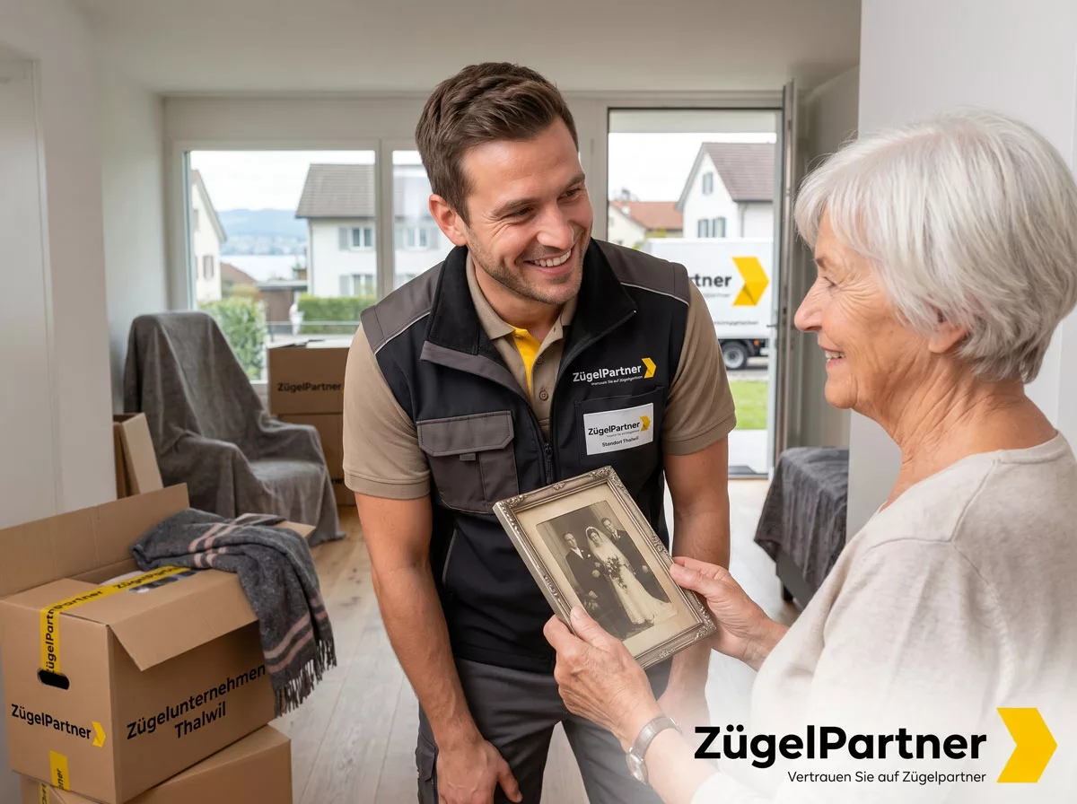 Ein freundlicher Mitarbeiter vom Zügelunternehmen Thalwil unterhält sich lächelnd mit einer älteren Dame, die ein Erinnerungsstück in den Händen hält Ein freundlicher Mitarbeiter vom Zügelunternehmen Thalwil unterhält sich lächelnd mit einer älteren Dame, die ein Erinnerungsstück in den Händen hält