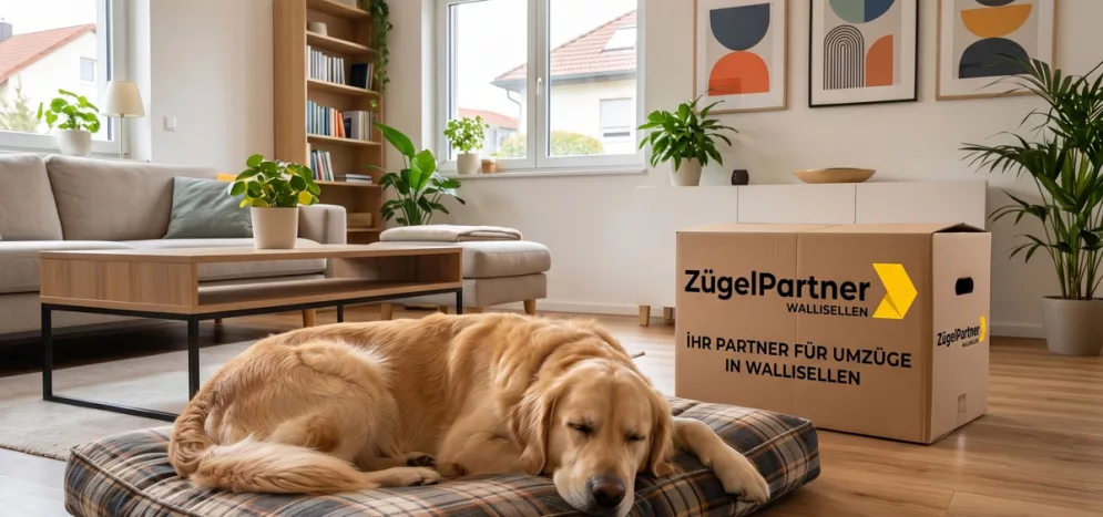Ein glücklicher, entspannter Hund liegt auf seinem vertrauten Kissen in einem neu eingerichteten Wohnzimmer, Alt Text Angekommen im neuen Zuhause mit der Umzugsfirma Wallisellen Ein glücklicher, entspannter Hund liegt auf seinem vertrauten Kissen in einem neu eingerichteten Wohnzimmer, Alt Text Angekommen im neuen Zuhause mit der Umzugsfirma Wallisellen