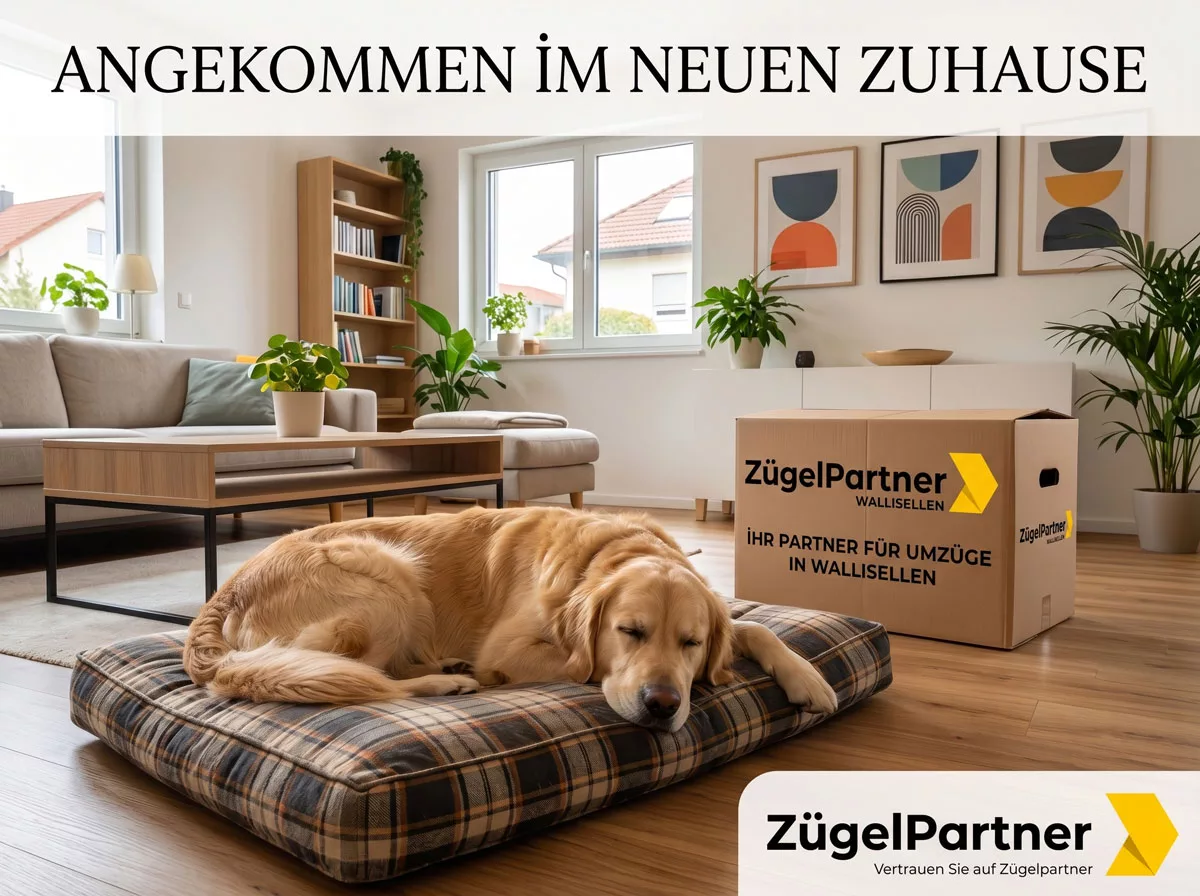 Ein glücklicher, entspannter Hund liegt auf seinem vertrauten Kissen in einem neu eingerichteten Wohnzimmer, Alt Text Angekommen im neuen Zuhause mit der Umzugsfirma Wallisellen Ein glücklicher, entspannter Hund liegt auf seinem vertrauten Kissen in einem neu eingerichteten Wohnzimmer, Alt Text Angekommen im neuen Zuhause mit der Umzugsfirma Wallisellen