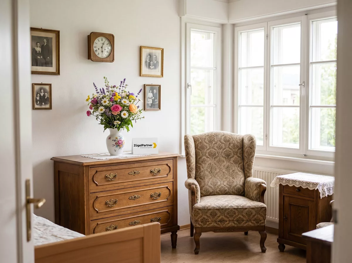 Ein helles, freundliches Zimmer in einer Senioreneinrichtung, das mit vertrauten, antiken Möbelstücken und frischen Blumen liebevoll vom Umzugsunternehmen eingerichtet wurde Ein helles, freundliches Zimmer in einer Senioreneinrichtung, das mit vertrauten, antiken Möbelstücken und frischen Blumen liebevoll vom Umzugsunternehmen eingerichtet wurde