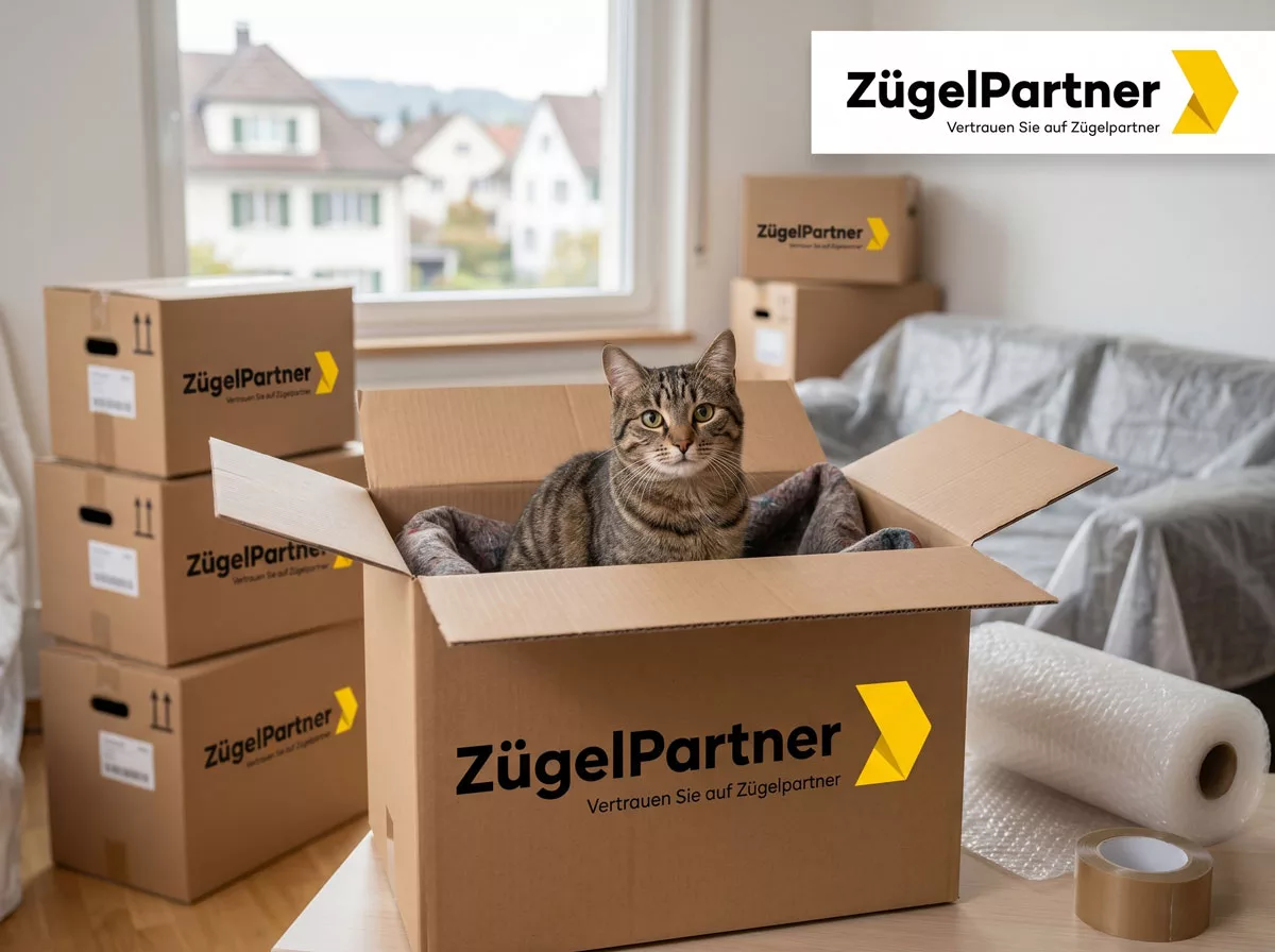 Eine entspannte, neugierige Katze sitzt in einem offenen Umzugskarton in einem Wohnzimmer in Wallisellen, Alt Text Katze in Umzugskarton bei Vorbereitung mit Umzugsfirma Wallisellen Eine entspannte, neugierige Katze sitzt in einem offenen Umzugskarton in einem Wohnzimmer in Wallisellen, Alt Text Katze in Umzugskarton bei Vorbereitung mit Umzugsfirma Wallisellen