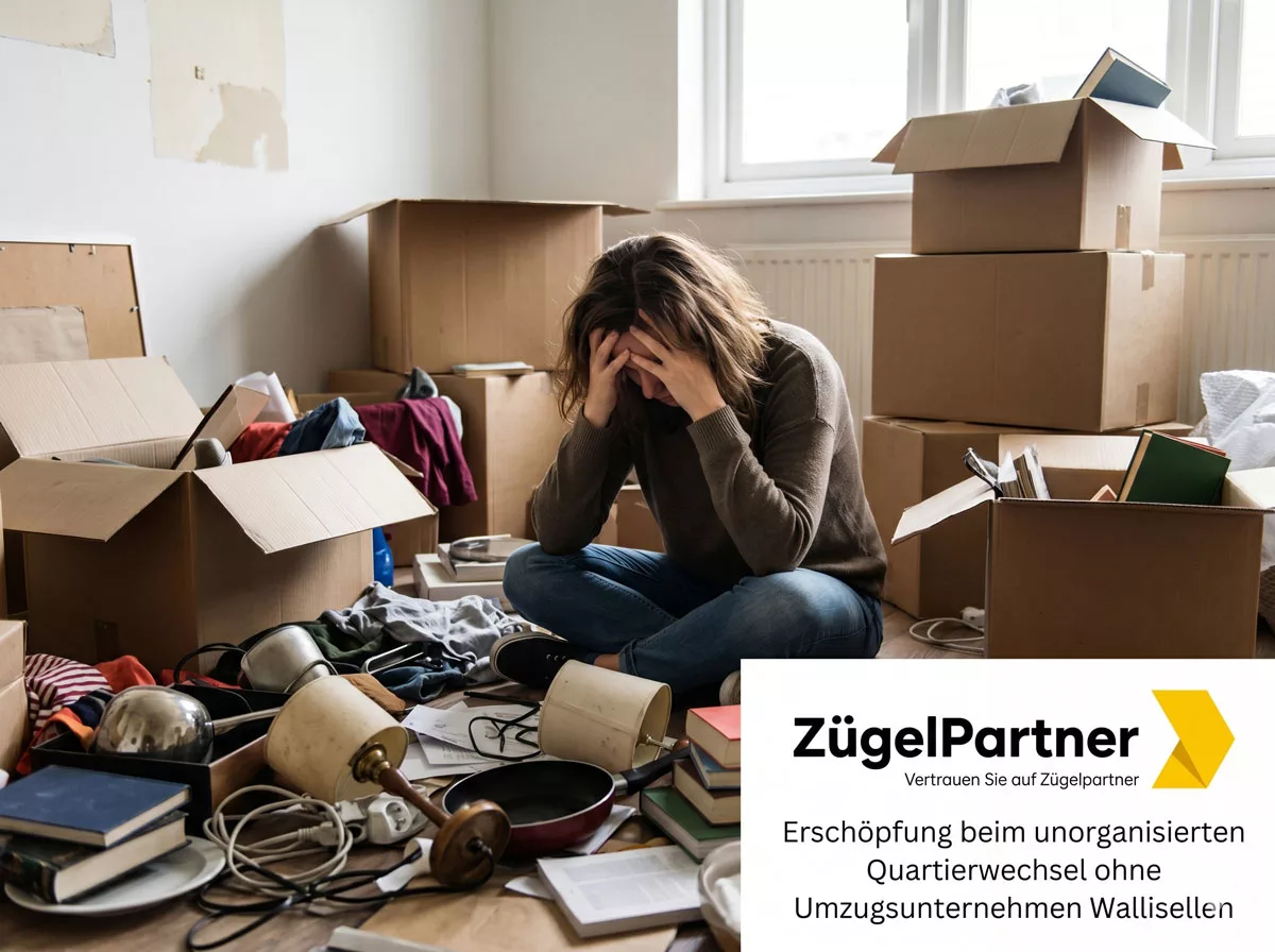 Eine erschöpfte Person sitzt inmitten von losen Gegenständen und halbvollen Kisten, Alt Text Erschöpfung beim unorganisierten Quartierwechsel ohne Umzugsunternehmen Wallisellen Eine erschöpfte Person sitzt inmitten von losen Gegenständen und halbvollen Kisten, Alt Text Erschöpfung beim unorganisierten Quartierwechsel ohne Umzugsunternehmen Wallisellen