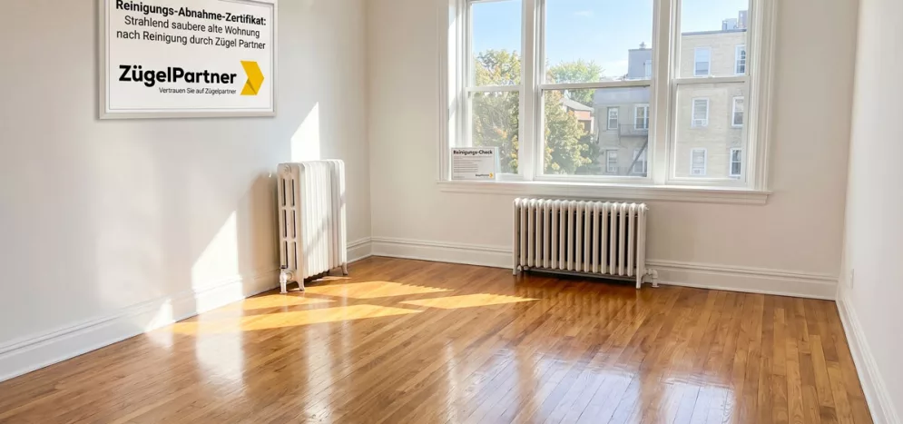 Eine strahlend saubere, leere Wohnung nach der Endreinigung mit Sonnenlicht, das durch das Fenster fällt, Alt Text Strahlend saubere alte Wohnung nach Reinigung durch Zügel Partner Eine strahlend saubere, leere Wohnung nach der Endreinigung mit Sonnenlicht, das durch das Fenster fällt, Alt Text Strahlend saubere alte Wohnung nach Reinigung durch Zügel Partner