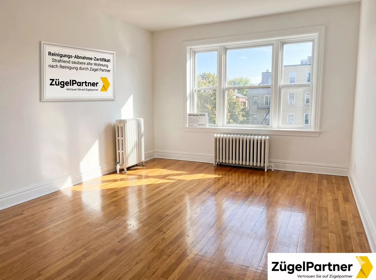 Eine strahlend saubere, leere Wohnung nach der Endreinigung mit Sonnenlicht, das durch das Fenster fällt, Alt Text Strahlend saubere alte Wohnung nach Reinigung durch Zügel Partner Eine strahlend saubere, leere Wohnung nach der Endreinigung mit Sonnenlicht, das durch das Fenster fällt, Alt Text Strahlend saubere alte Wohnung nach Reinigung durch Zügel Partner