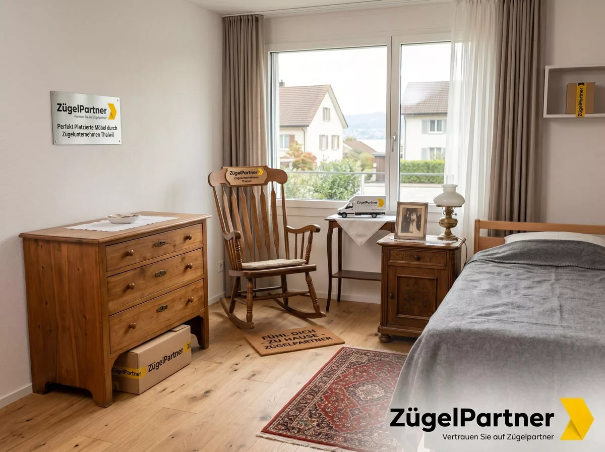 Gemütlich eingerichtetes Zimmer in einem Pflegeheim mit vertrauten, älteren Möbeln, alles perfekt platziert durch das Zügelunternehmen Thalwil Gemütlich eingerichtetes Zimmer in einem Pflegeheim mit vertrauten, älteren Möbeln, alles perfekt platziert durch das Zügelunternehmen Thalwil