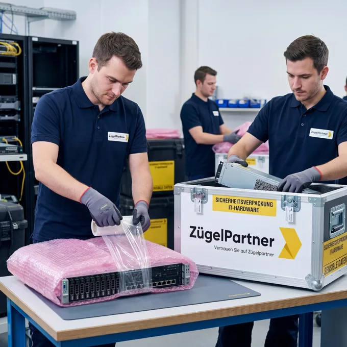 Geschulte Mitarbeiter verpacken Server und IT Hardware sorgfältig mit antistatischem Material in spezielle Sicherheitsboxen