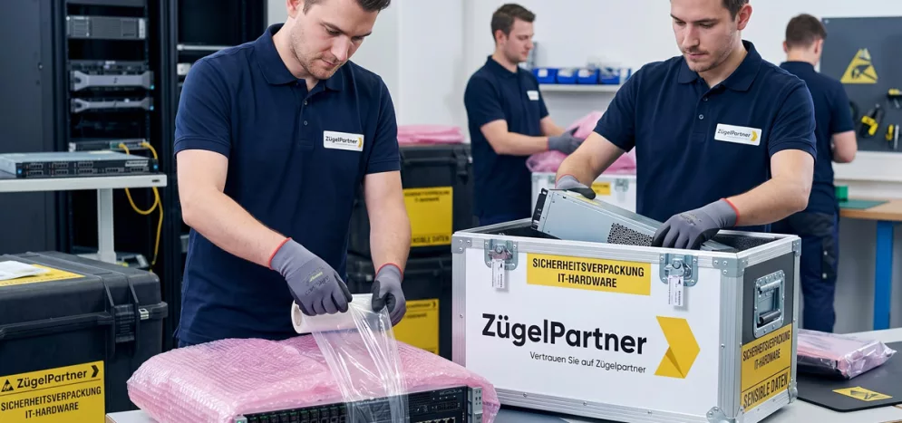 Geschulte Mitarbeiter verpacken Server und IT Hardware sorgfältig mit antistatischem Material in spezielle Sicherheitsboxen Geschulte Mitarbeiter verpacken Server und IT Hardware sorgfältig mit antistatischem Material in spezielle Sicherheitsboxen