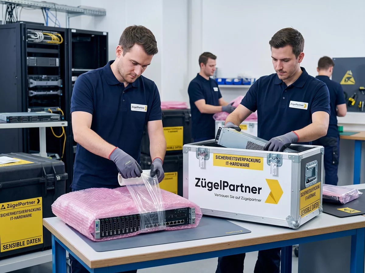 Geschulte Mitarbeiter verpacken Server und IT Hardware sorgfältig mit antistatischem Material in spezielle Sicherheitsboxen Geschulte Mitarbeiter verpacken Server und IT Hardware sorgfältig mit antistatischem Material in spezielle Sicherheitsboxen