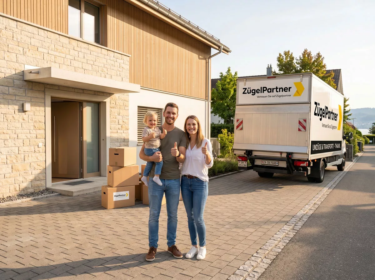Glückliche Familie mit einem Kleinkind steht vor ihrem neuen Haus in Thalwil, im Hintergrund ein Lieferwagen des Umzugsunternehmen Thalwil Glückliche Familie mit einem Kleinkind steht vor ihrem neuen Haus in Thalwil, im Hintergrund ein Lieferwagen des Umzugsunternehmen Thalwil