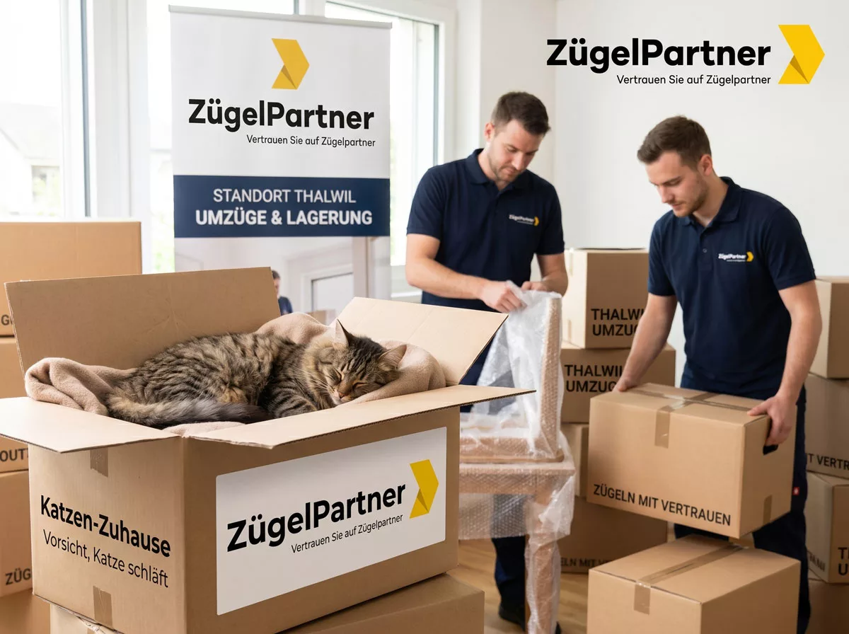 Katze schläft entspannt in einem Karton, während Mitarbeiter der Umzugsfirma Thalwil im Hintergrund leise arbeiten Katze schläft entspannt in einem Karton, während Mitarbeiter der Umzugsfirma Thalwil im Hintergrund leise arbeiten