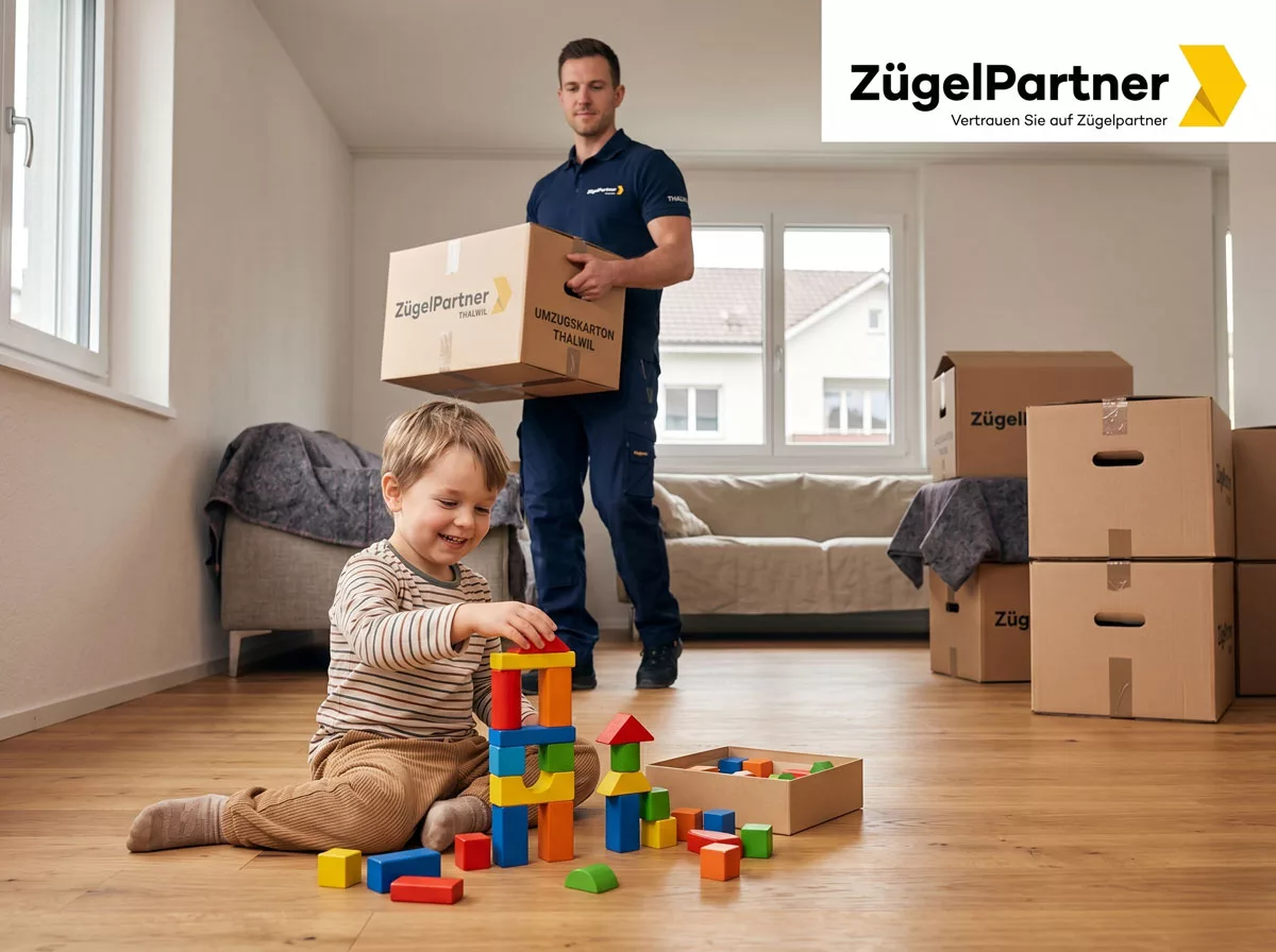 Mitarbeiter des Umzugsunternehmen Thalwil trägt professionell einen Umzugskarton, während im Vordergrund ein Kind fröhlich mit Bauklötzen spielt Mitarbeiter des Umzugsunternehmen Thalwil trägt professionell einen Umzugskarton, während im Vordergrund ein Kind fröhlich mit Bauklötzen spielt