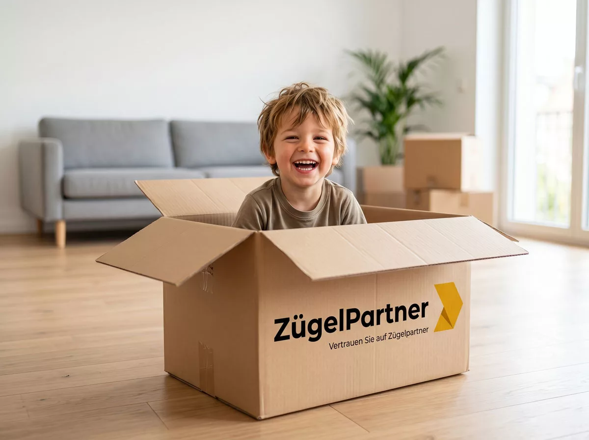 Platzhalter Bild Lachendes Kind sitzt in einem leeren Umzugskarton in einem hellen, neu bezogenen Wohnzimmer Platzhalter Bild Lachendes Kind sitzt in einem leeren Umzugskarton in einem hellen, neu bezogenen Wohnzimmer