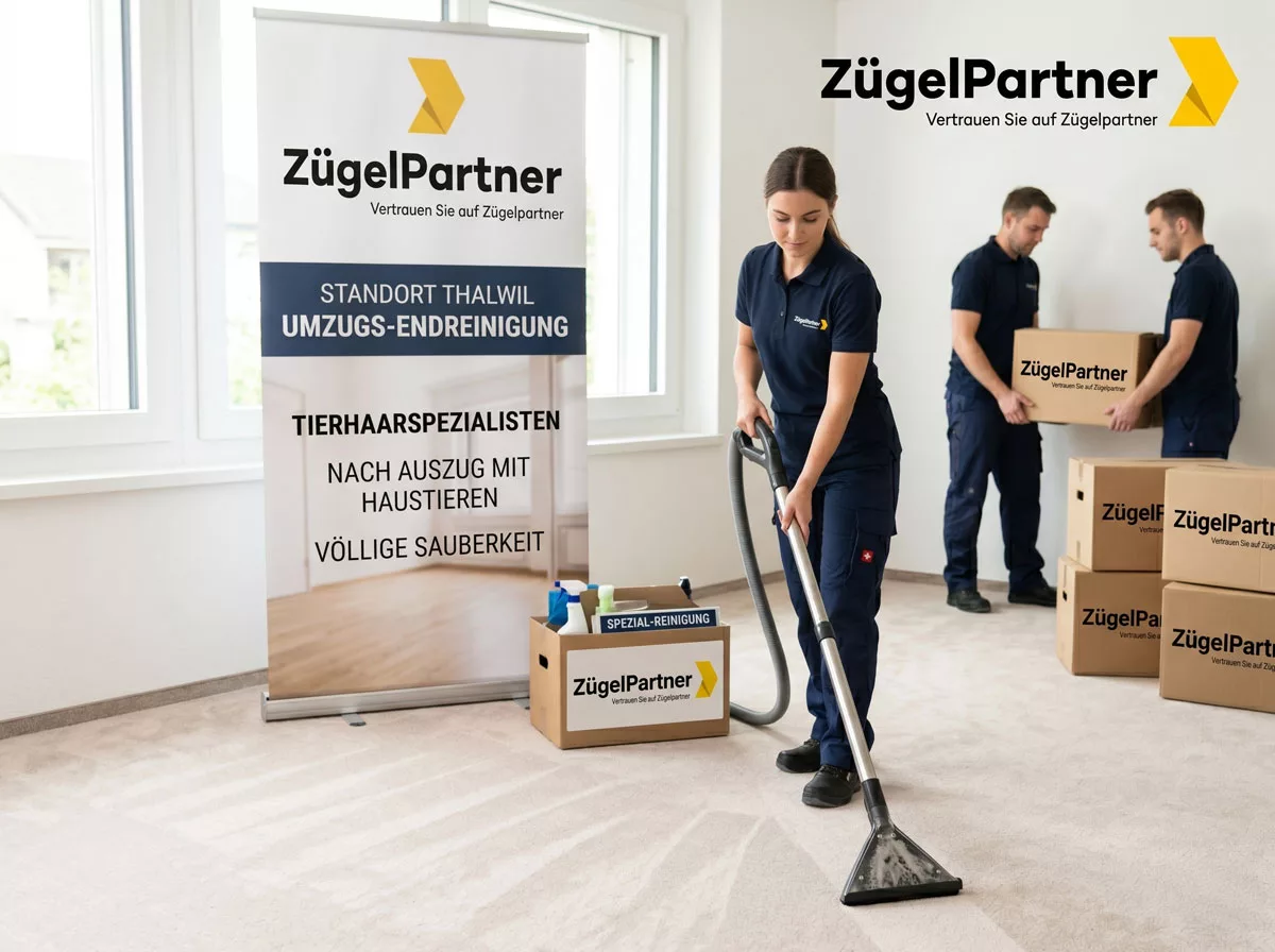 Professionelle Reinigungskraft der Umzugsfirma Thalwil saugt einen Teppichboden, völlige Sauberkeit nach Auszug mit Haustieren Professionelle Reinigungskraft der Umzugsfirma Thalwil saugt einen Teppichboden, völlige Sauberkeit nach Auszug mit Haustieren