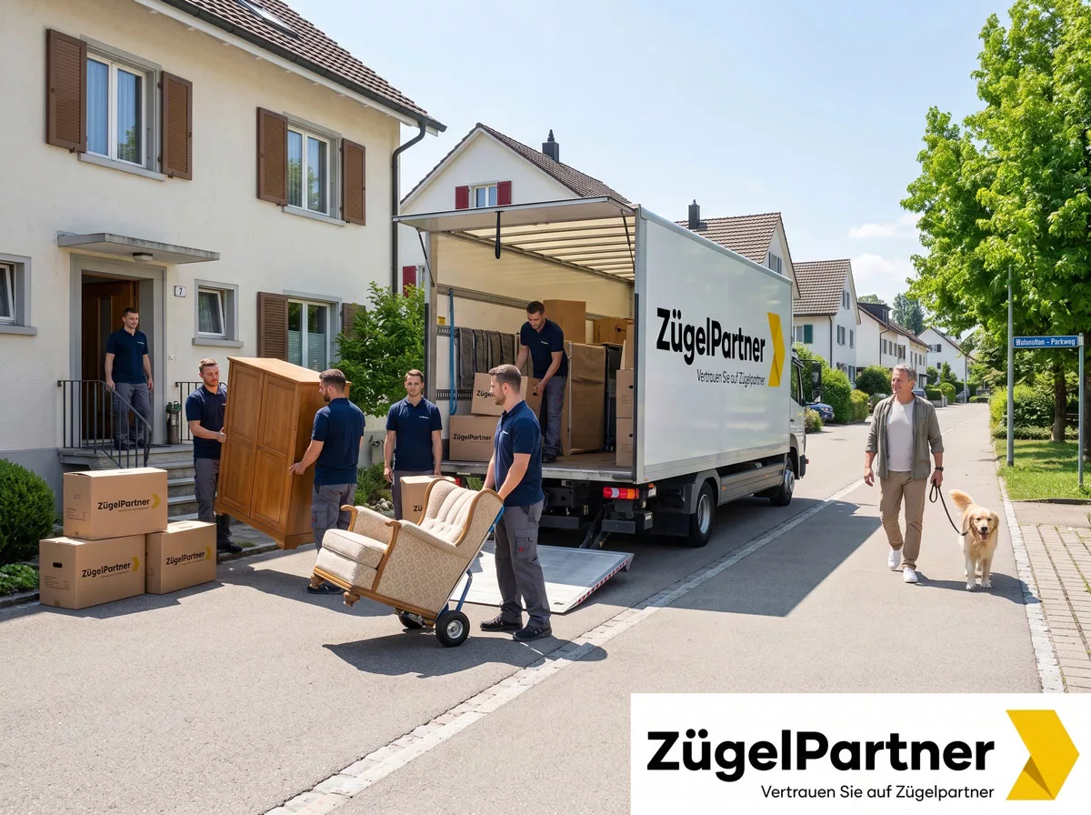 Professionelle Umzugshelfer tragen vorsichtig Möbel aus einem Haus, während der Besitzer mit seinem Hund spazieren geht, Alt Text Umzugsfirma Wallisellen entlastet Tierhalter beim Privatumzug Professionelle Umzugshelfer tragen vorsichtig Möbel aus einem Haus, während der Besitzer mit seinem Hund spazieren geht, Alt Text Umzugsfirma Wallisellen entlastet Tierhalter beim Privatumzug