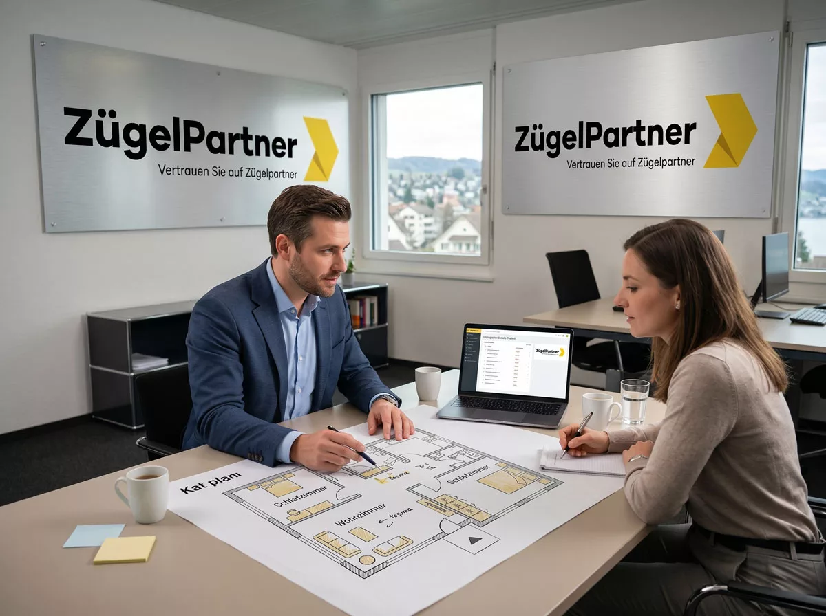 Projektleiter des Umzugsservice Thalwil bespricht einen detaillierten Umzugsplan anhand eines Grundrisses mit einem Kunden im Büro Projektleiter des Umzugsservice Thalwil bespricht einen detaillierten Umzugsplan anhand eines Grundrisses mit einem Kunden im Büro