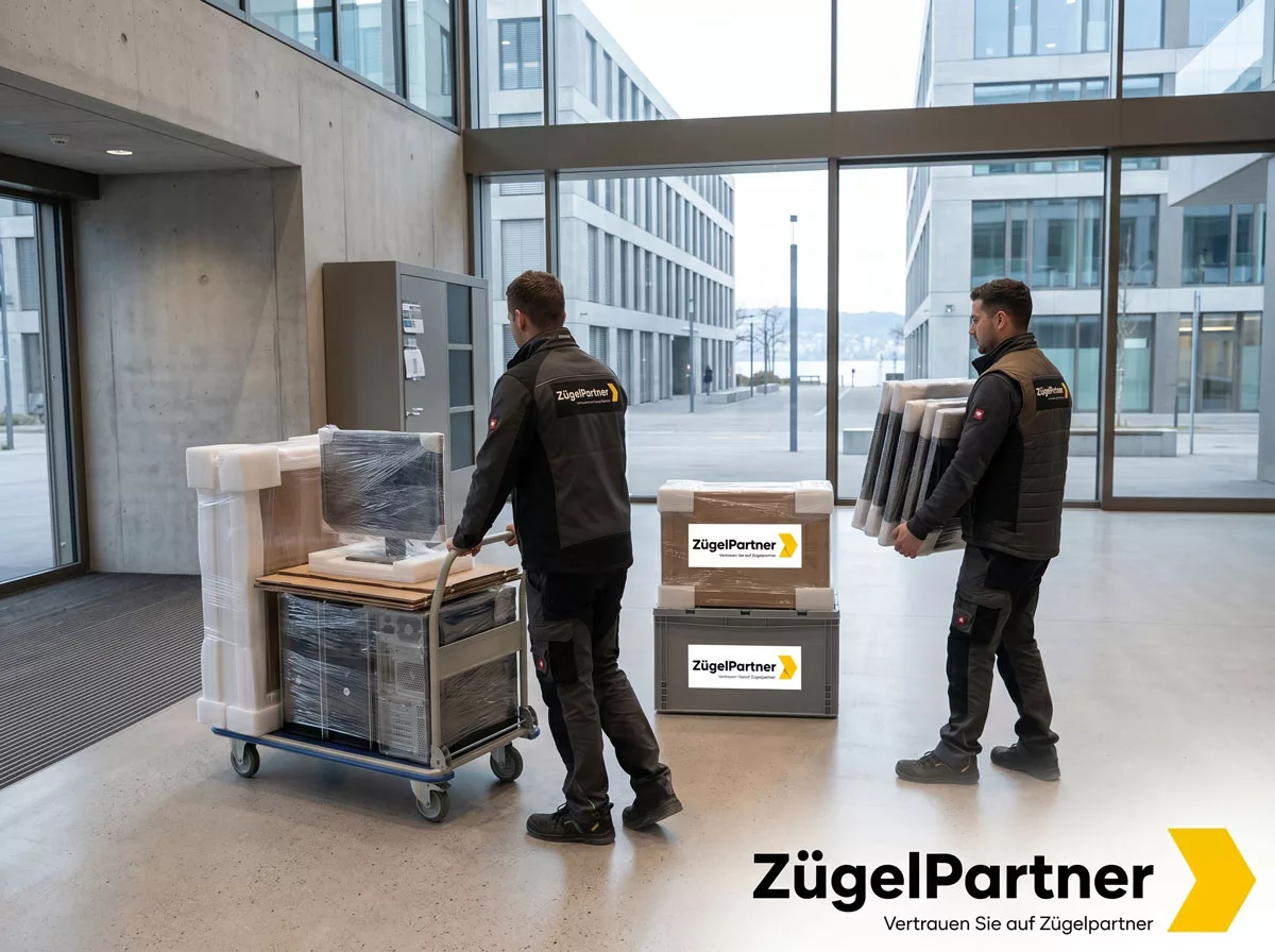 Umzugs Team trägt am Wochenende vorsichtig verpackte IT Hardware und Monitore in ein modernes Bürogebäude in Thalwil Umzugs Team trägt am Wochenende vorsichtig verpackte IT Hardware und Monitore in ein modernes Bürogebäude in Thalwil
